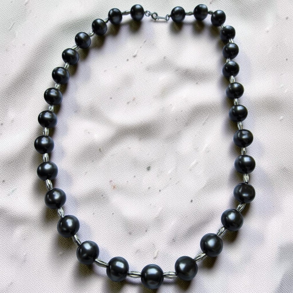 Vintage Deep Gray Cat's Eye Glass Bead Necklace Silver Tone Bicone Bead 25" MCM